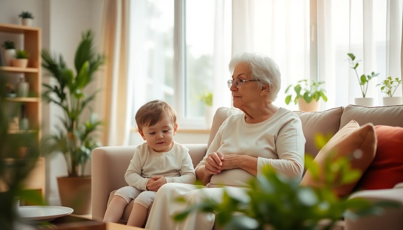 Risikogruppen für Fliegenmadenbefall: Elderly woman with child in a bright living room.