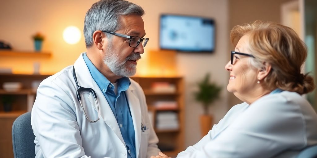 Katarakt und Medikamente: Patient und Arzt in einer hellen Arztpraxis.