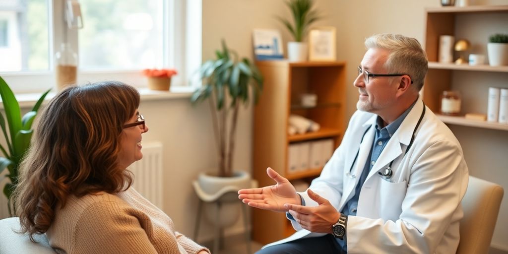 Psychologische Aspekte der Libidostörung: Patient und Arzt in einer hellen Arztpraxis.