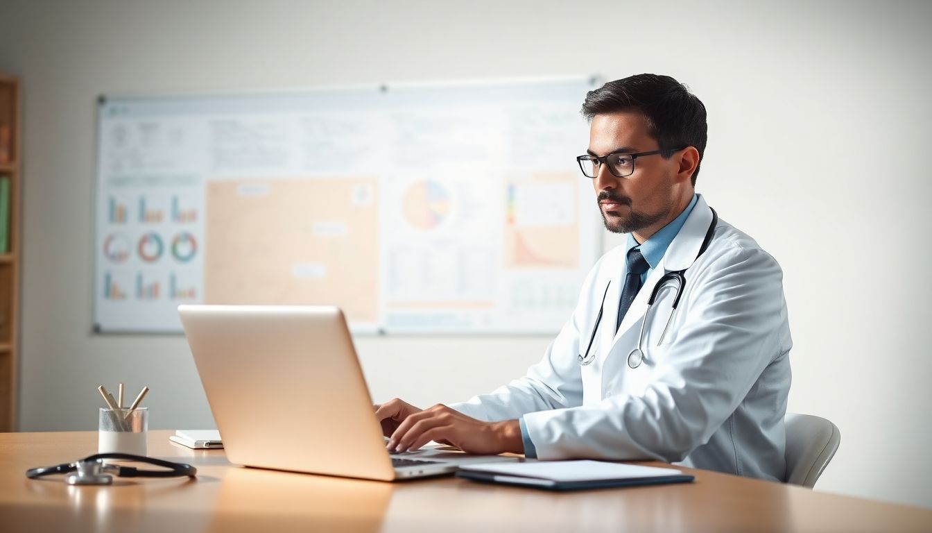 Doctor with laptop researching Zyklosporiasis treatment.