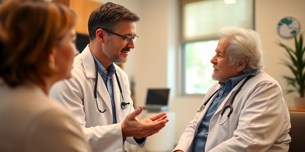 Patient und Arzt in einer hellen Arztpraxis.