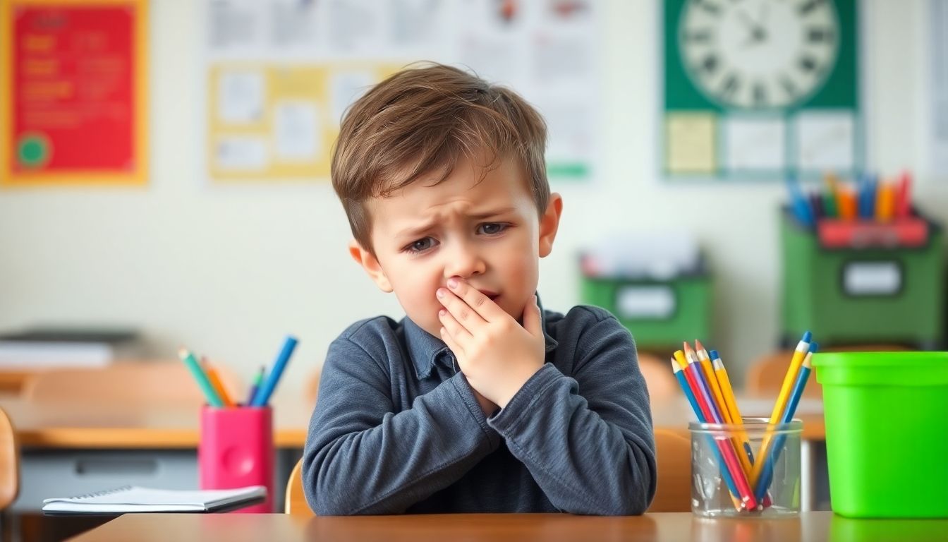Keuchhusten und Schule: Kleiner Junge hustet im Klassenzimmer