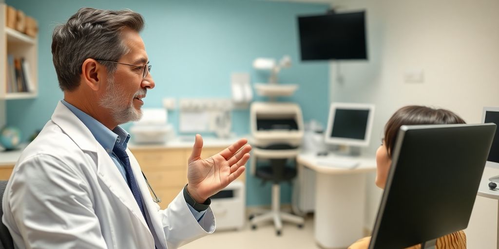 Patient und Arzt in heller Arztpraxis bei Konsultation.