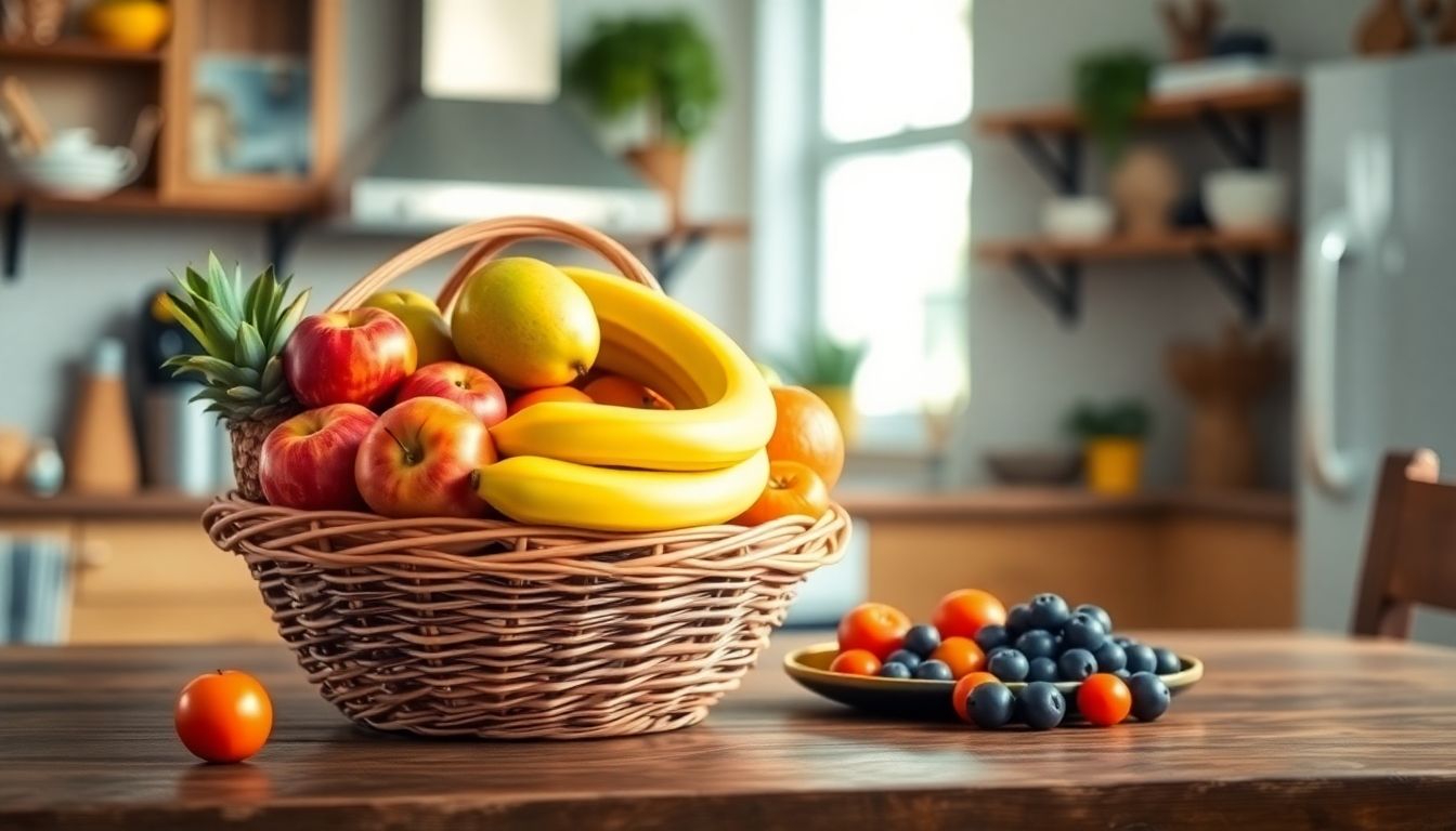 Lendenwirbelsyndrom und Ernährung: Obstkorb in Küche
