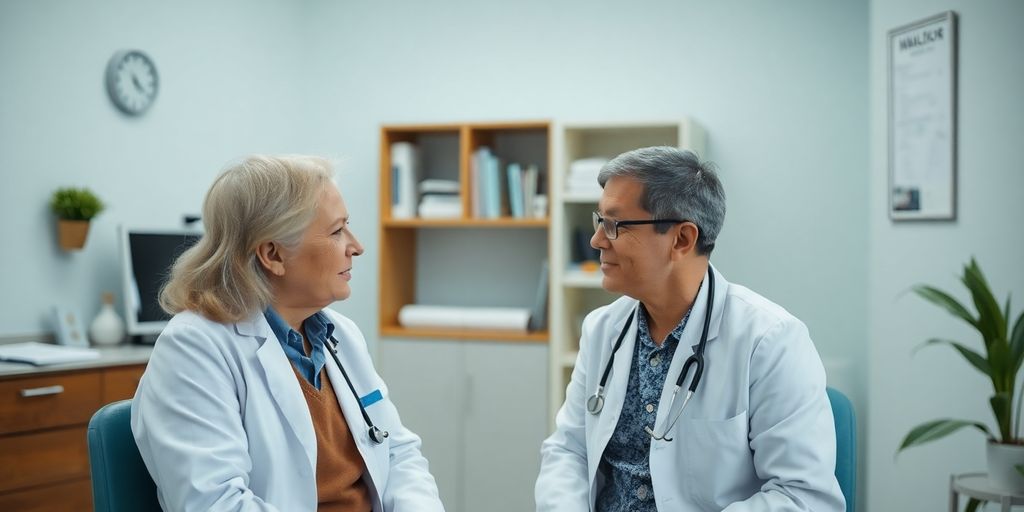 Verlauf und Prognose bei Larynxkarzinom: Patient und Arzt im hellen medizinischen Raum