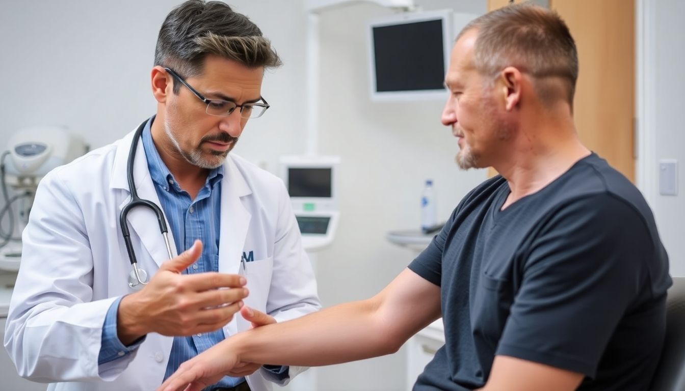 Prävention von Sandflohbefall: Doctor examining a patient's skin for sand flea symptoms.