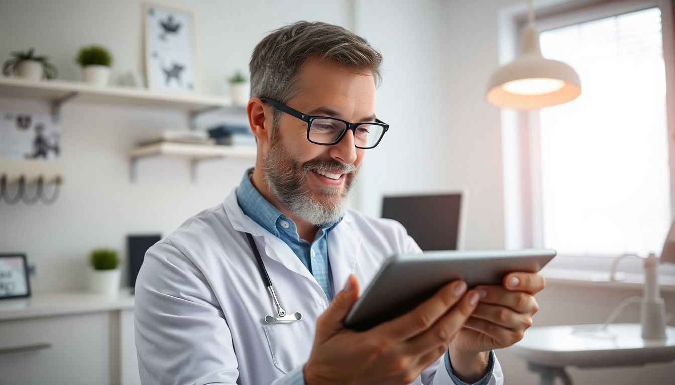 Wurzelbehandlung: Zahnarzt mit Tablet in heller Praxis untersucht Zahn.