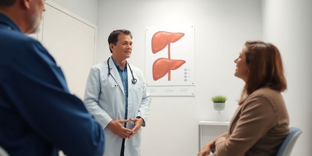 Leberzirrhose und Alkohol: Patient und Arzt in heller medizinischer Praxis.