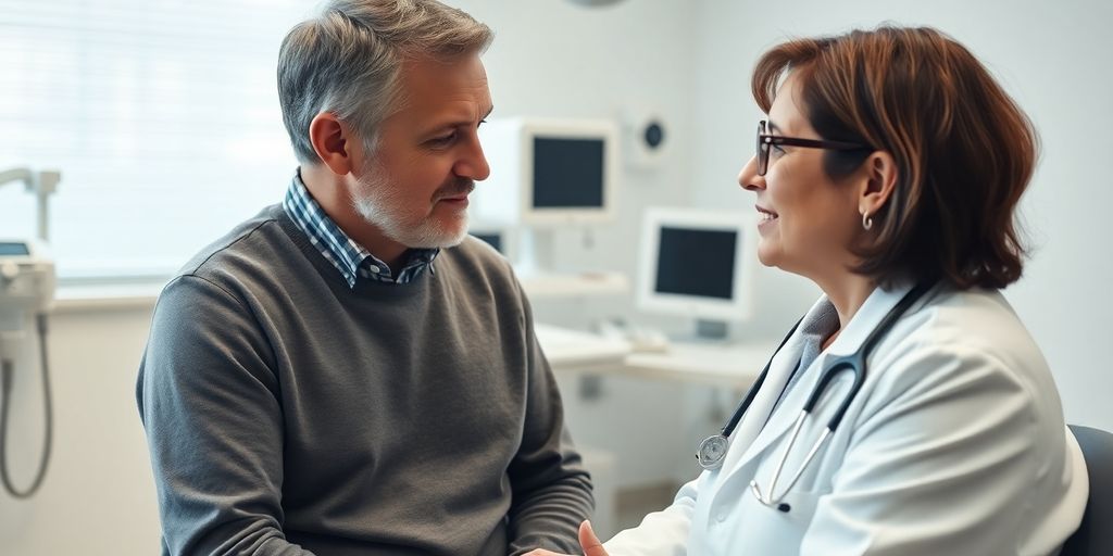 Patient und Arzt im Gespräch über Leberkrebs und Strahlentherapie.