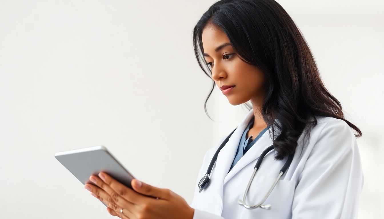 Ärztin mit Tablet informiert sich über Leishmaniose 