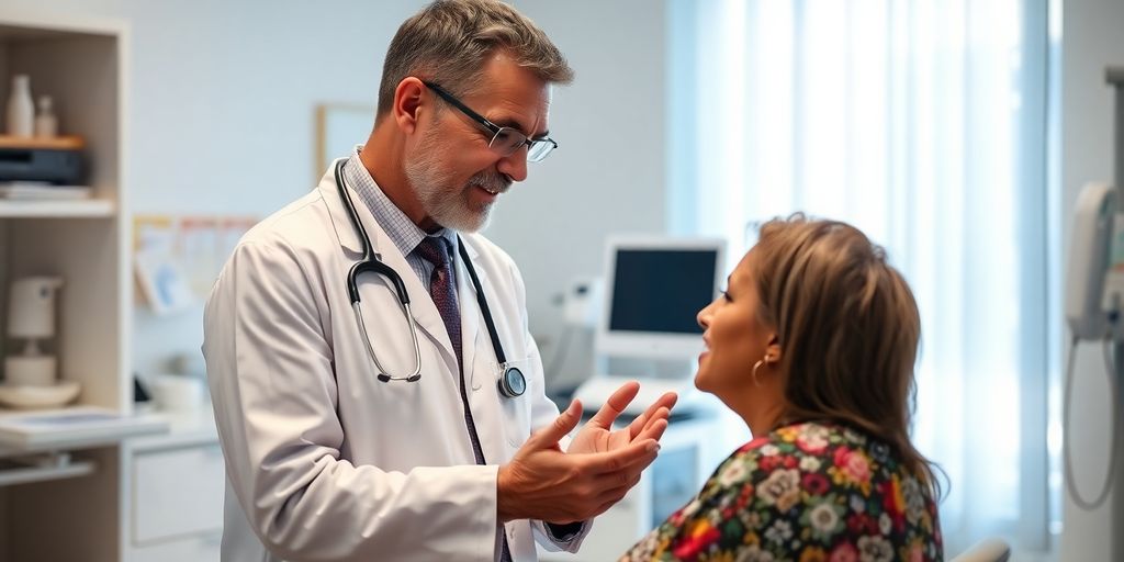 Lassa-Fieber und seine Symptome: Patient und Arzt in einer hellen Arztpraxis.