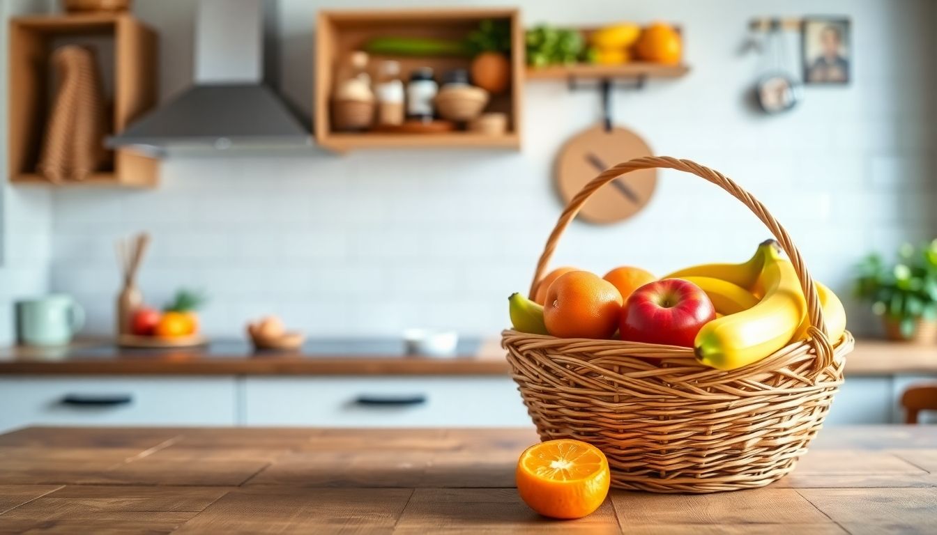 Starrkrampf und Ernährung: A colorful fruit basket in a cozy kitchen.