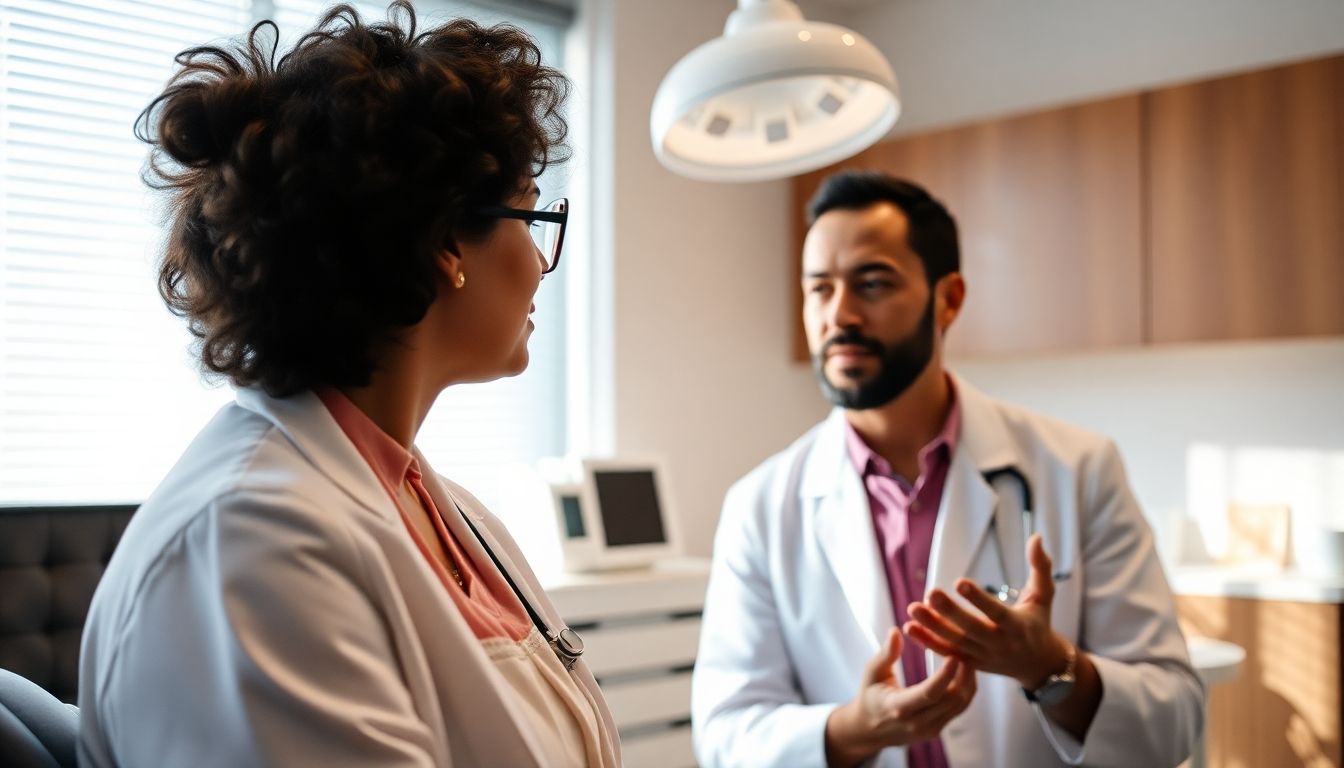 Oxyvenierung: Doctor and patient in a bright practice room discussing treatment.