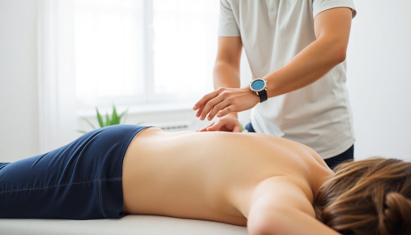 Rolfing: Masseur arbeitet an der Wirbelsäule eines liegenden Patienten.