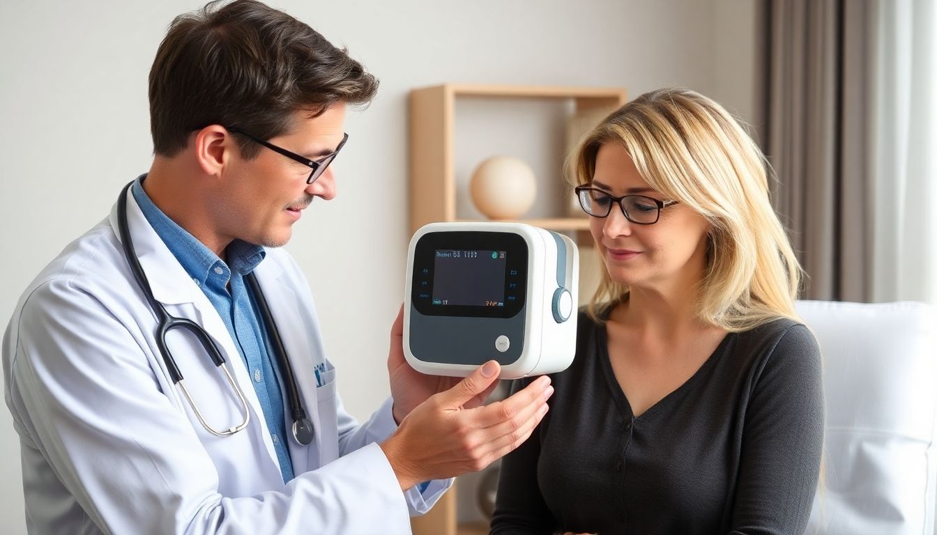 Arzt erklärt Stoßwellentherapie-Gerät einer Patientin.
