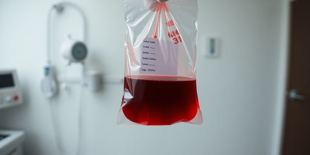 Bluttransfusion: Krankenpfleger hält Blutbeutel und bereitet Transfusion vor.