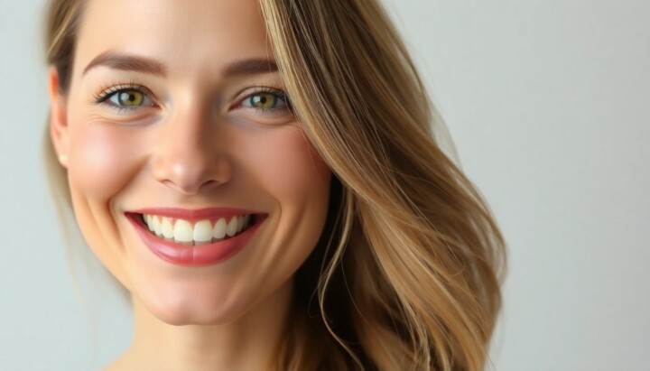 Frau mit einem perfekten, strahlenden Lächeln nach Veneer-Behandlung.