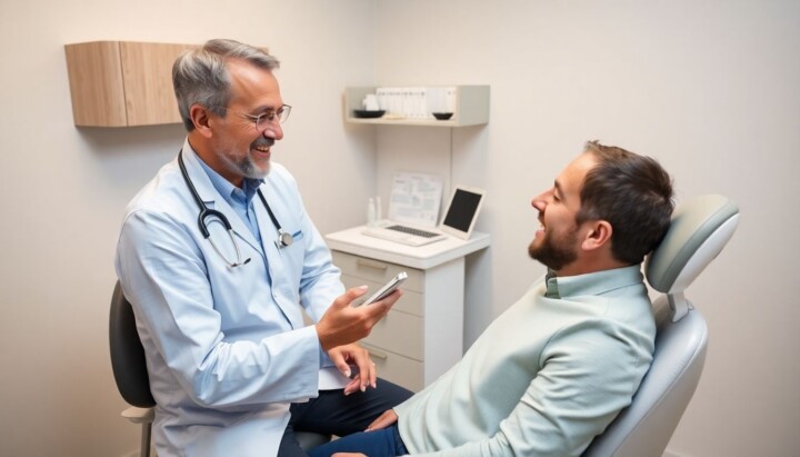 Zahn ziehen: Zahnarzt erklärt einem Patienten den Vorgang des Zahnziehens.