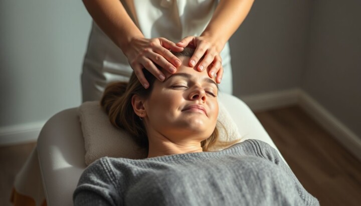Craniosacrale Therapie: Frau lächelt entspannt, während sanfte Hände ihren Kopf berühren.