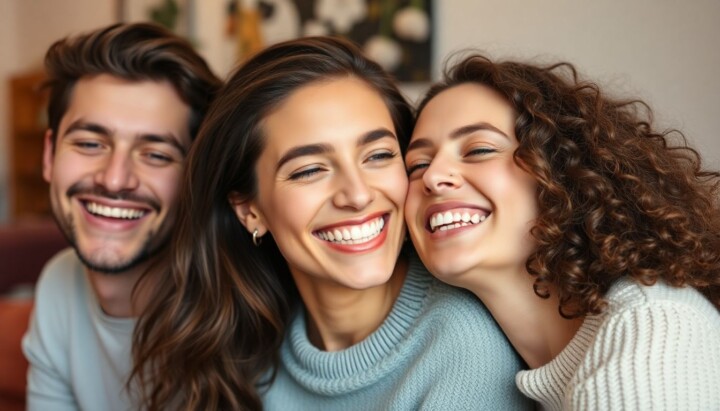 Unsichtbare Zahnspangen: Junges Paar lächelt glücklich in einer gemütlichen Umgebung.