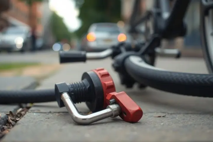 Zerstossener Fahrradschloss auf einem Stadtweg.