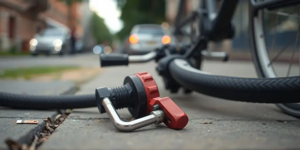 Zerstossener Fahrradschloss auf einem Stadtweg.