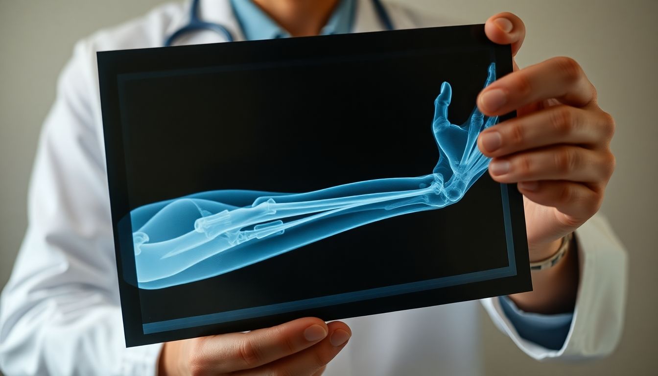 Arzt betrachtet Röntgenbild eines gebrochenen Arms mit Gips.