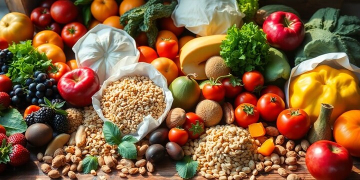 Vollwertige Ernährung: Frisches Obst, Gemüse, Getreide, Nüsse auf Holztisch.