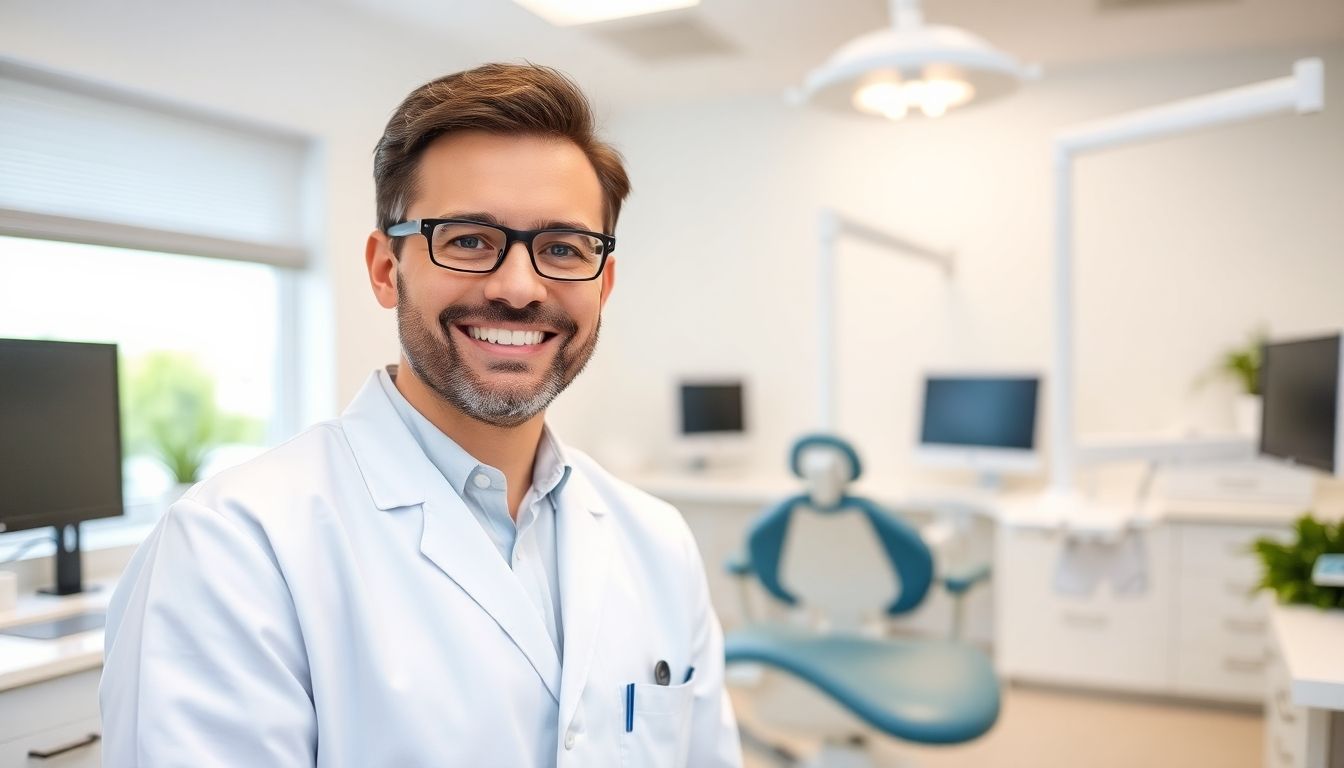 Zahnfüllungen: Smiling dentist in a bright dental practice.