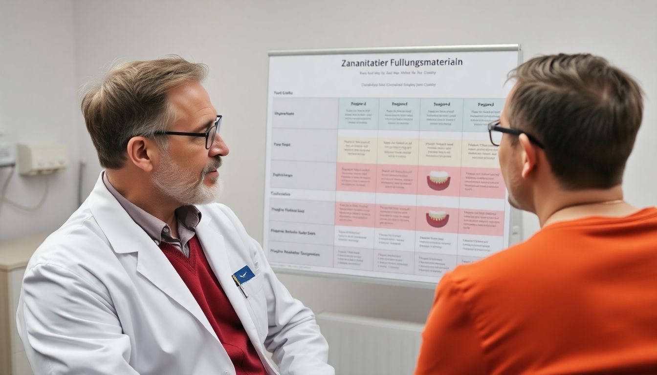 Zahnfüllungen: Zahnarzt bespricht Füllungsmaterialien mit einem Patienten.