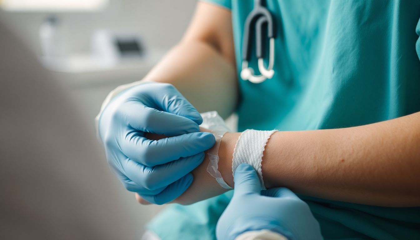 Wundversorgung: Doctor tending to a patient's bandaged wound.