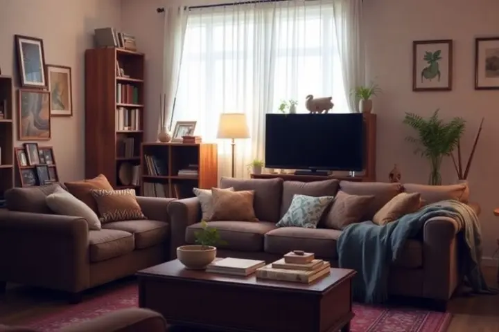 Gemütliches Wohnzimmer mit wichtigen Haushaltsgegenständen.