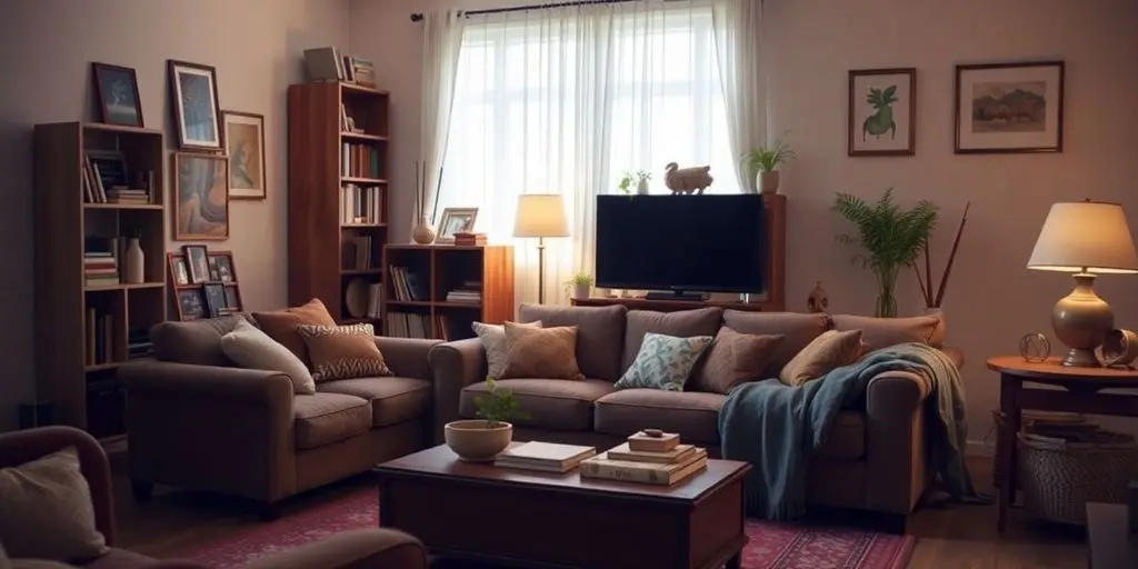 Gemütliches Wohnzimmer mit wichtigen Haushaltsgegenständen.