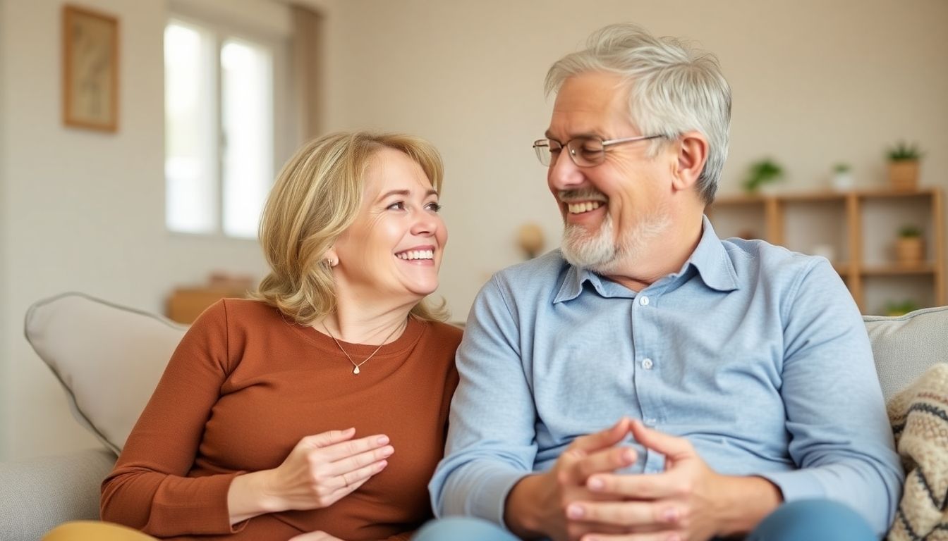 Vasektomie: Smiling couple in a relaxed setting, discussing health.