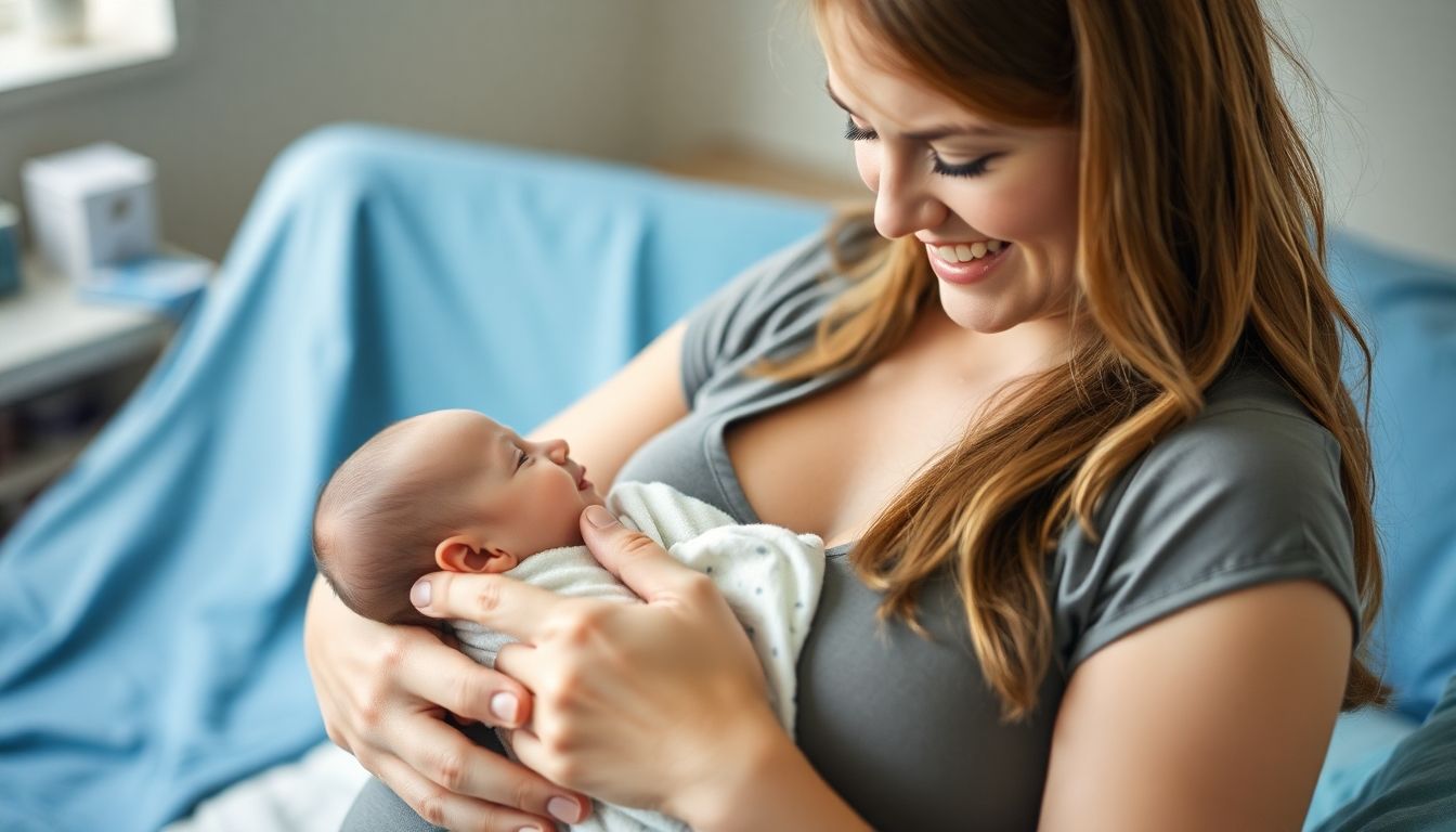Mutter hält ihr Neugeborenes nach einer PDA-Geburt.