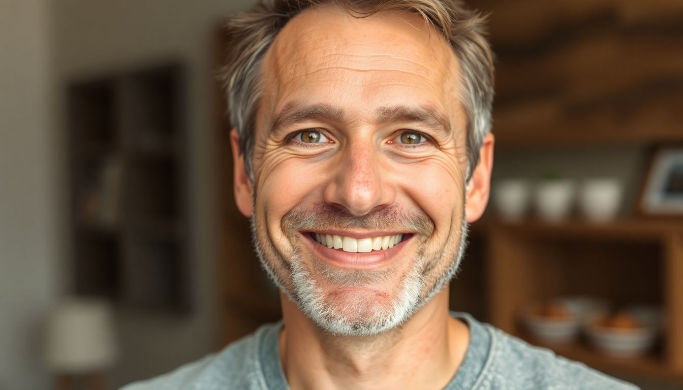 Mann mit Zahnspange lächelt selbstbewusst in die Kamera.