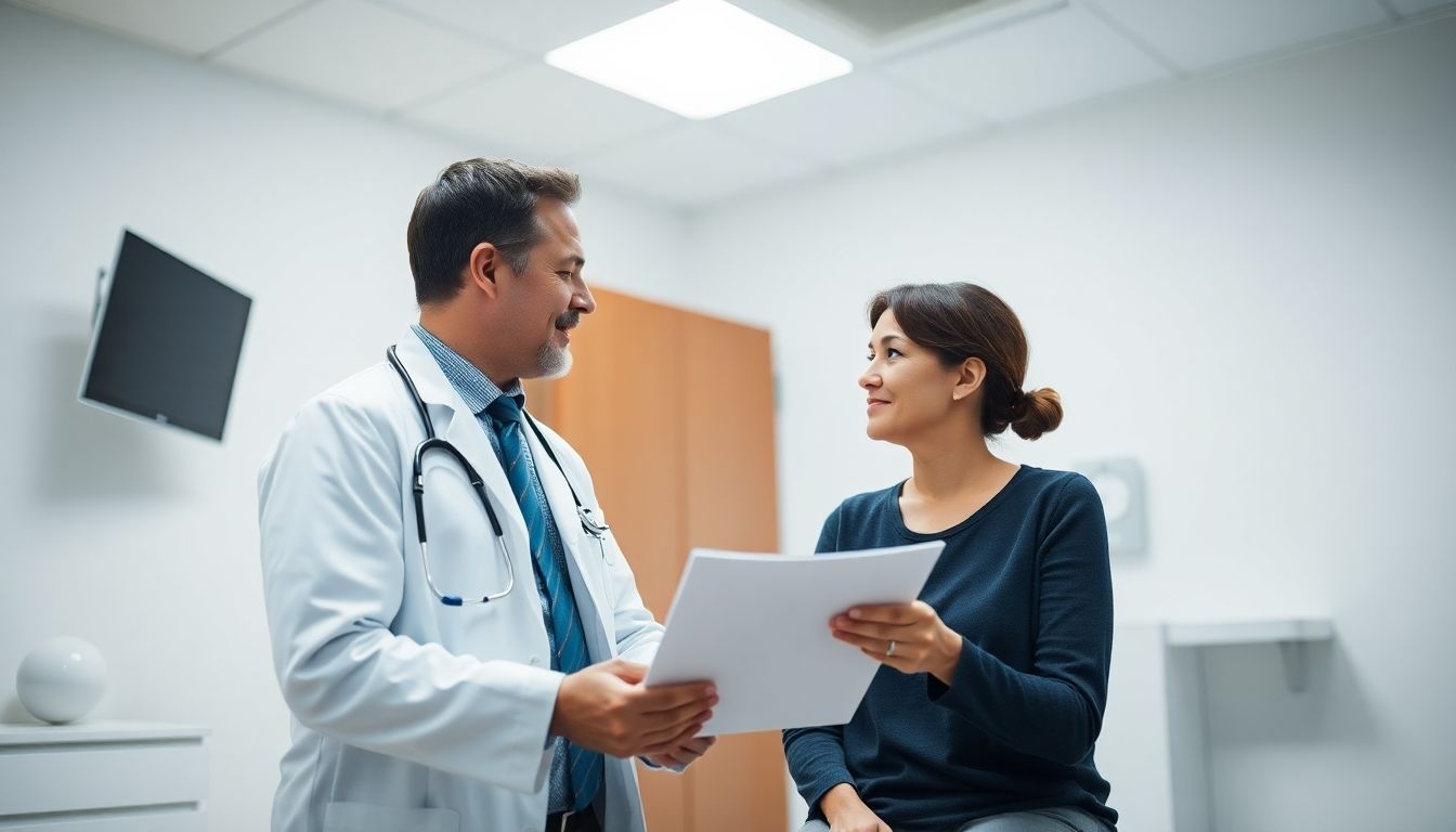 Balneophototherapie: Doctor and patient discussing skin treatment in a bright clinic.