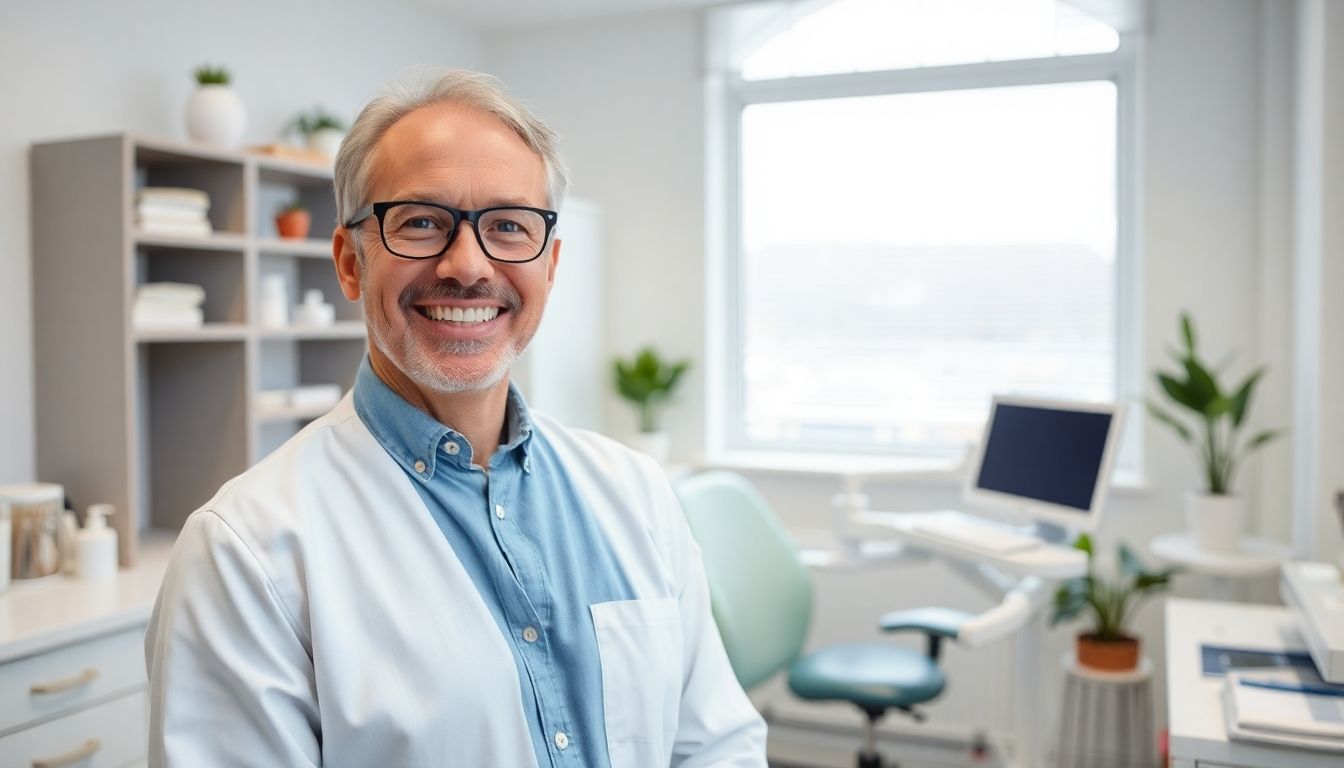 Zahnarzt lächelt in heller Praxis mit Retentionsschiene.