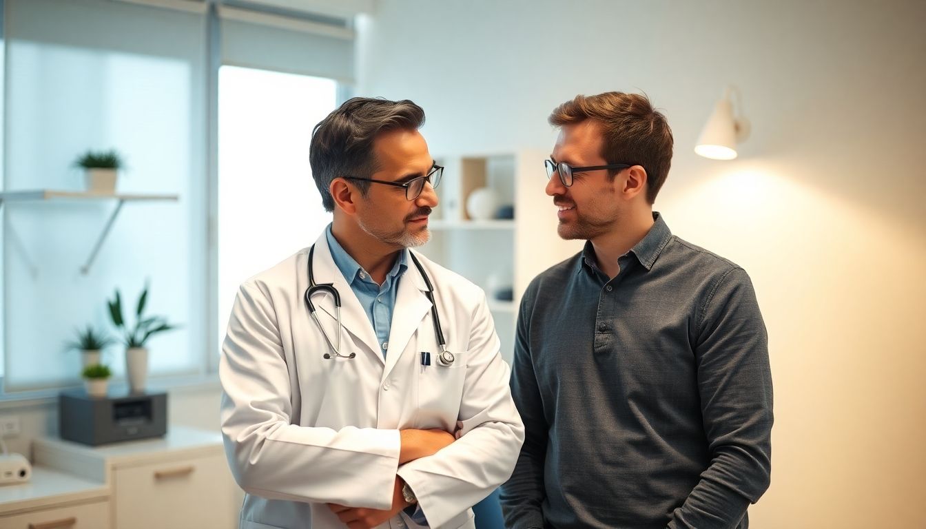 Hämodialyse: Arzt und Patient sprechen in heller Praxis über Dialyse.