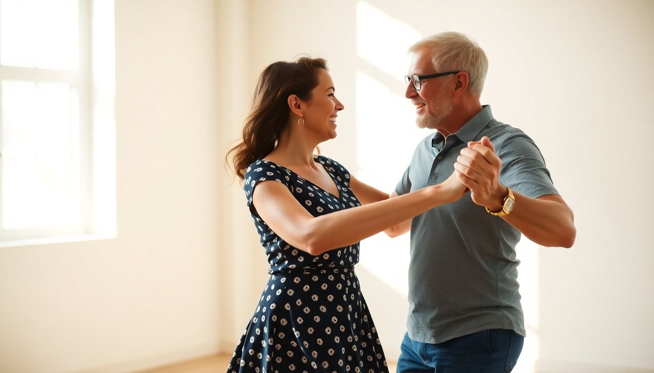 Tanztherapie: Ein Paar tanzt glücklich in einem hellen, sonnendurchfluteten Raum.