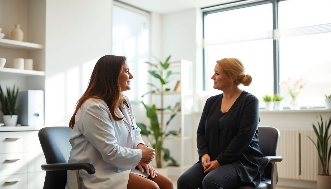 Einlauf: Arzt und Patient im Gespräch in einer hellen Praxis.