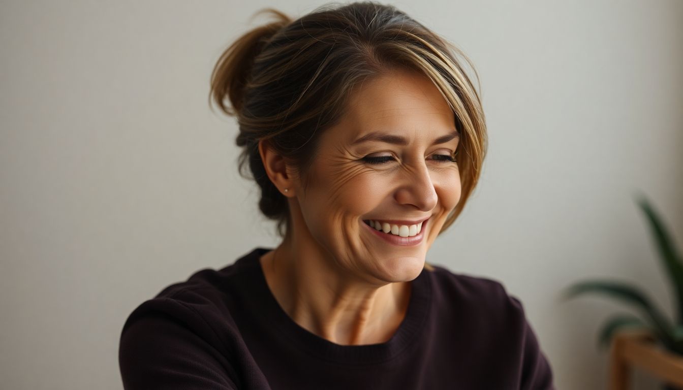 Atlastherapie: Frau lächelt entspannt, Nackenbereich leicht hervorgehoben.