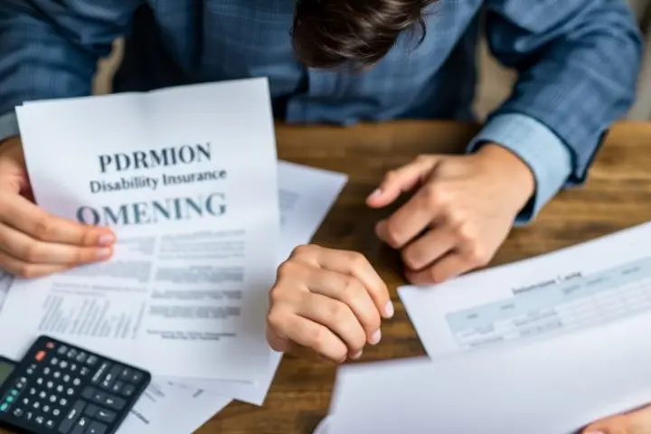 Eine Person betrachtet Versicherungsunterlagen mit Finanzdokumenten.