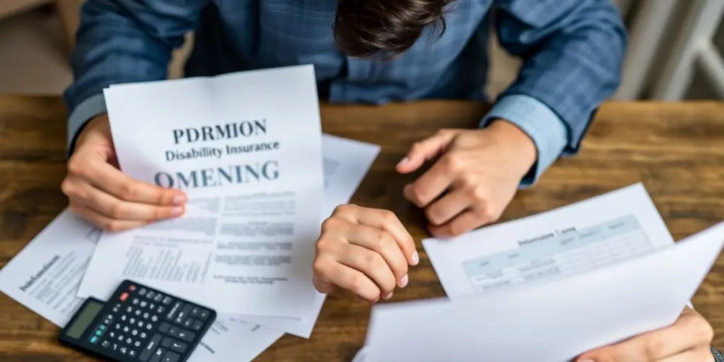 Eine Person betrachtet Versicherungsunterlagen mit Finanzdokumenten.