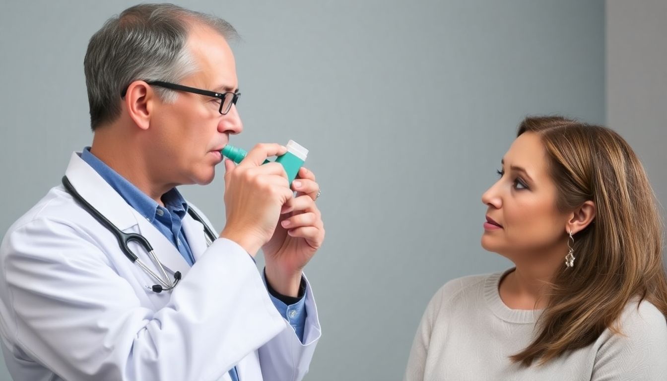 Dosier-Aerosol: Doctor explaining inhaler use to a patient.
