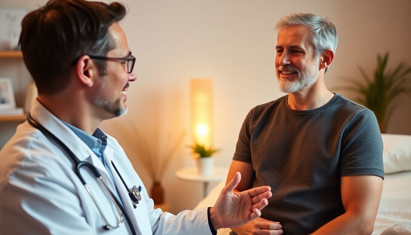 Arzt erklärt einem Patienten die Vorteile der Wärmetherapie.