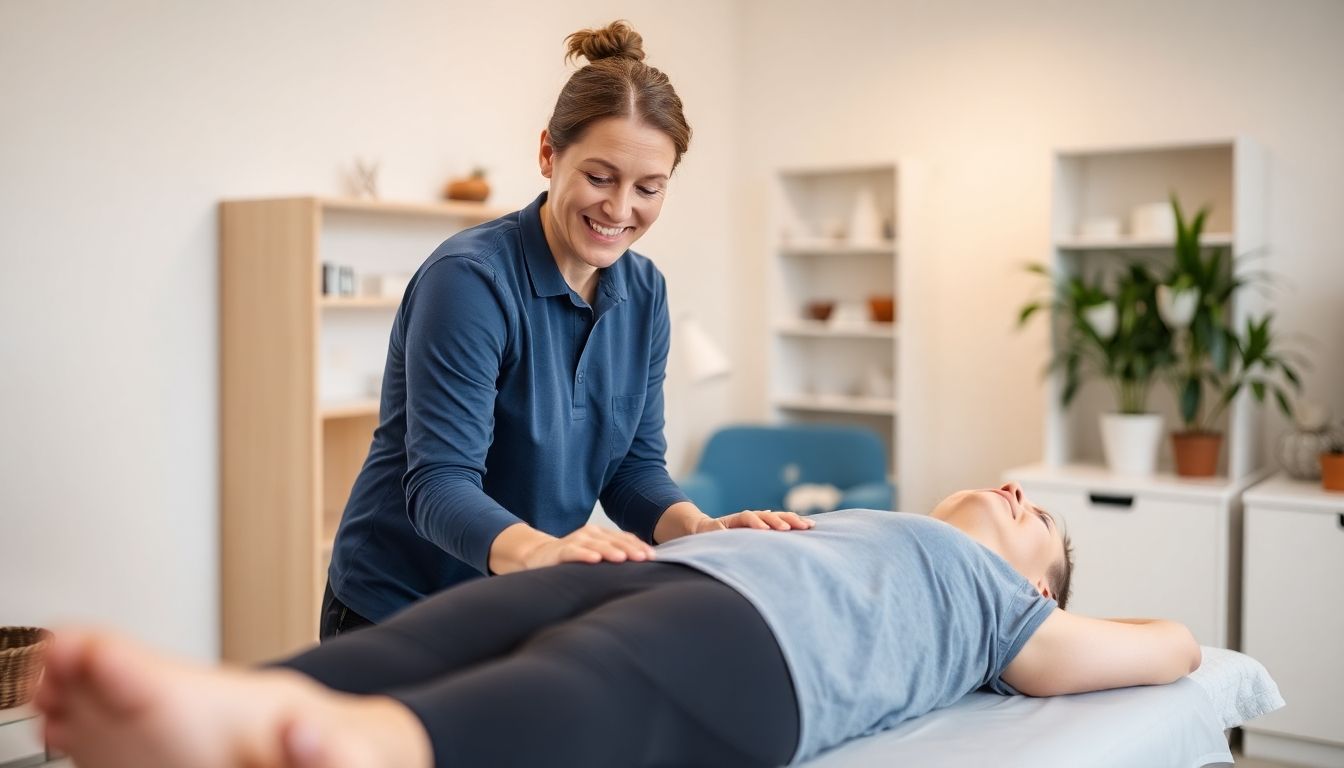 Osteopathie: Therapeut lächelt, während er einen Patienten behandelt.