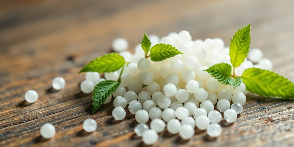 Zuckerperlen und Blätter auf einem Holztisch