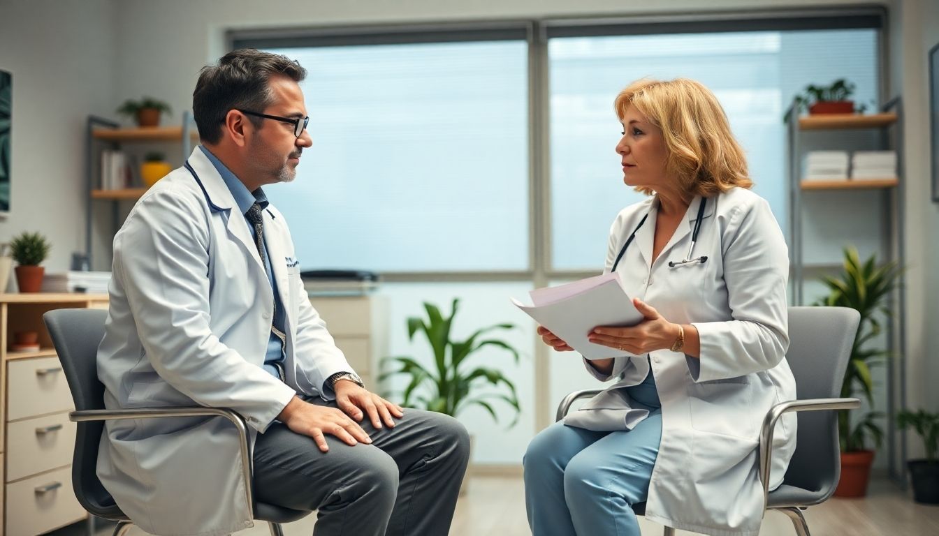 Darmmassage: Arzt und Patientin besprechen Verdauungsprobleme in heller Praxis.