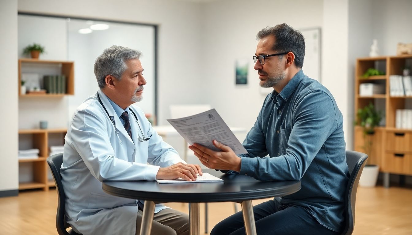 Biliopankreatische Diversion: Arzt und Patient besprechen medizinische Unterlagen in einer Praxis.